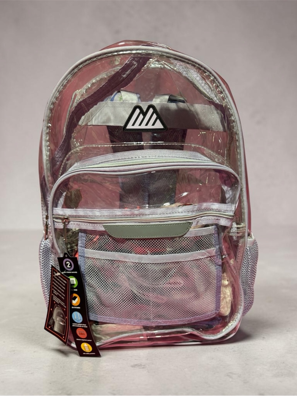 Clear Pink Transparent Backpack with Front Mesh Pocket by